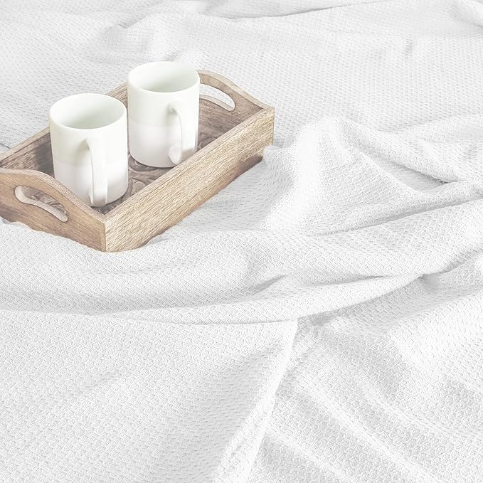 BOUTIQUO 100% Cotton Bed Blanket, Breathable Thermal Blanket King Size, Soft Honeycomb Waffle Blanket 90"x102", Cotton Bed Blanket, Perfect for Layering Any Bed for All Season, White