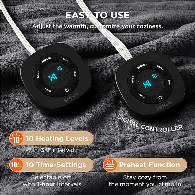 Bedsure Electric Blanket King Size - Dual Control Heated Blanket King Size, Fast Heating with 10 Time Settings & 10 Heat Settings, Warm Gift for Grandma (100x90 inches, Dark Grey)