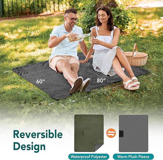 SUN CUBE Large Waterproof Camping Blanket, Fleece Quilted Stadium Blanket for Cold Weather, Windproof Foldable Outdoor Blanket Mat for Picnic, Beach, Pets, Car, 60x80in