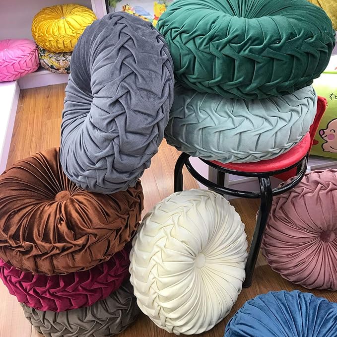 Round Throw Pillow Velvet Home Decoration Pleated Round Pillow Cushion for Couch Chair Bed Car Beige