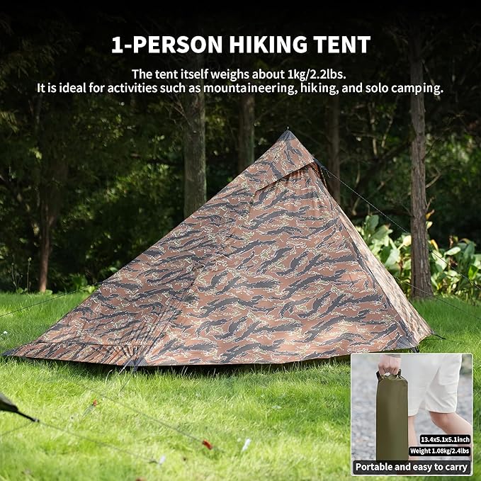 TENPLAY Ultralight 1 Person Tent - 970g 20D Nylon, 130cm Height, PU5000 Waterproof, Easy Setup, NO Trekking Pole for Hiking, Camping & Mountaineering