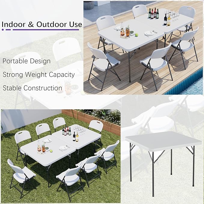 VECELO Folding Card Table Square and Chairs Set, Collapsible Legs & Portable for Indoor/Outdoor, Picnic, 5 Piece, White