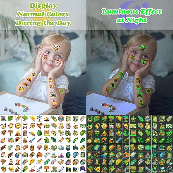 96PCS Camping Camp Camper Campfire Pre-Cut Luminous Glow in the dark Temporary Tattoos for Kids | Super Cute Themed Birthday Party Favors Supplies Decorations, Fake Tattoos Gifts for Boys Girls