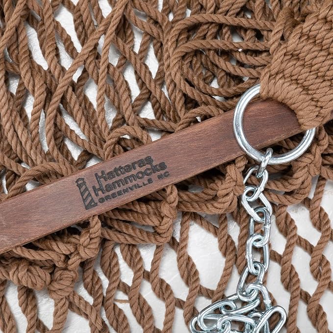 Hatteras Hammocks Deluxe Antique Brown DuraCord Rope Hammock – 13 ft. x 60 in., 2-Person, 450 lb Capacity, Cumaru Spreader Bar, Zinc-Plated Hardware – Handcrafted in The USA