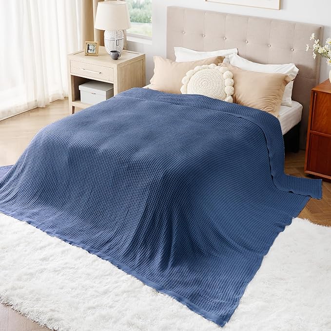 Bedsure Gentlesoft 100% Cotton Large Blanket Oversized King for Bed - Breathable Thick Waffle Weave Blanket for Summer, Couch Cover, Navy, 120x94 inches