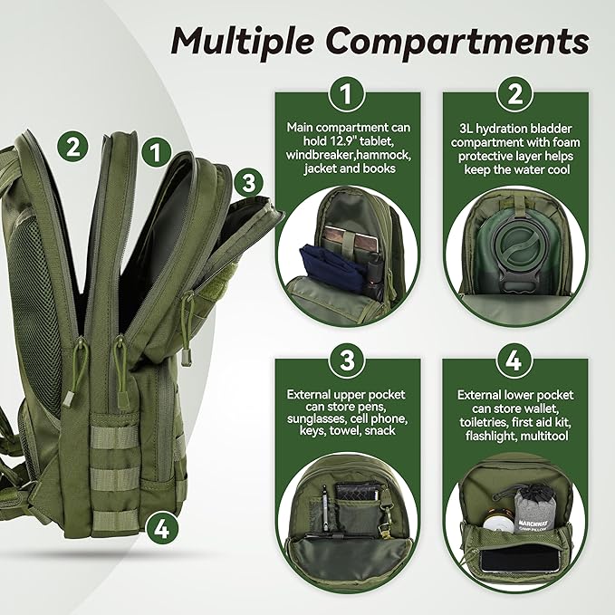 MARCHWAY Tactical Molle Hydration Pack with 3L TPU Water Bladder, Military Backpack for Backpacking, Hiking, Running, Cycling