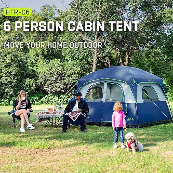 Happy Travel Tent 6 Person Tents for Camping, Waterproof Easy Setup Camping Tent with Rainfly, Portable Large Family Cabin Tent with 5 Large Mesh Windows and Carry Bag for Outdoor Camping & Hiking