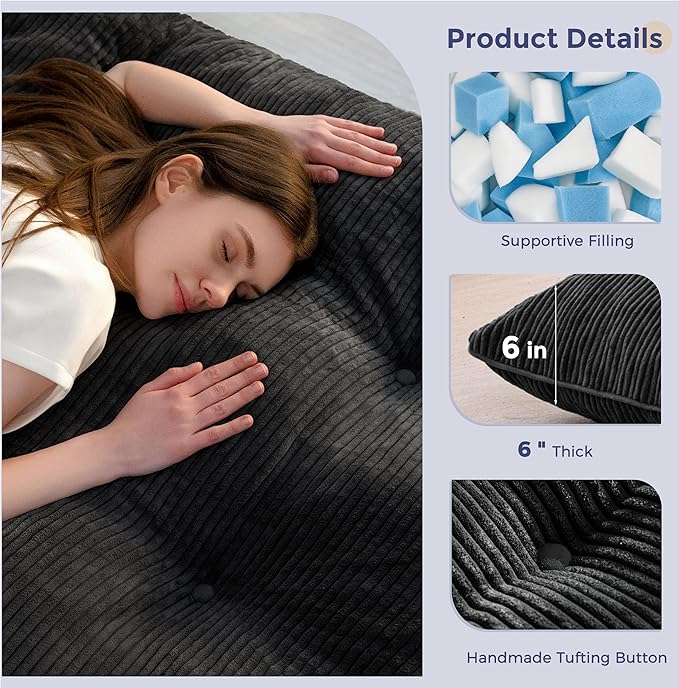 MAXYOYO 6" Japanese Floor Mattress, Foldable Futon Mattress Queen Size, Tufted Roll Up Floor Bed, Thick Tatami Mat Sleeping Pad Portable Lounger for Camping Guest Room Dormitory Bedroom RV, Black
