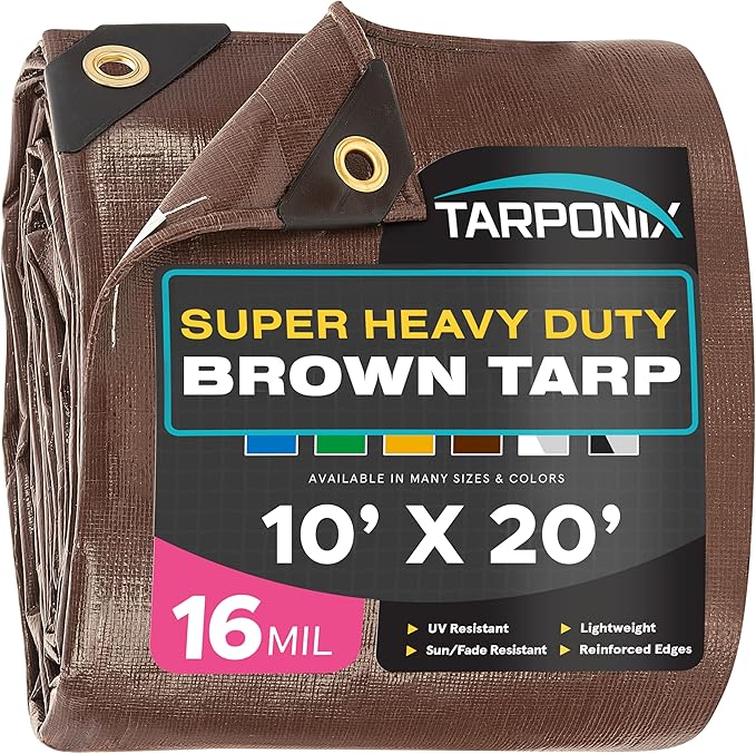 Super Heavy-Duty Brown Tarp 10' x 20' – 16 Mil Thick, All-Weather Waterproof Cover with Reinforced Edges and Sturdy Grommets