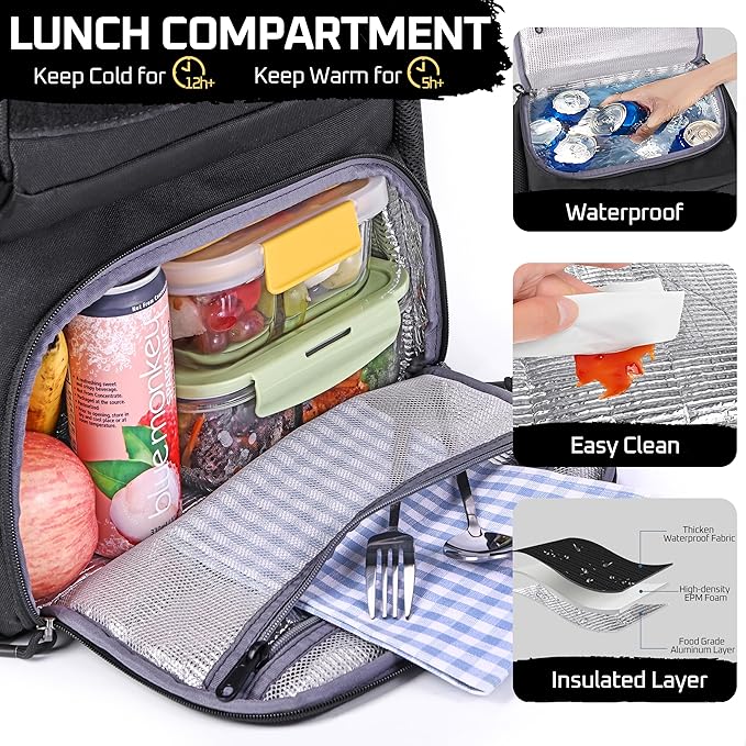 MOZETO Laptop Lunch Backpack for Men, Tactical Inspired Utility Anti-Theft Work Bag with Cooler Compartment Lunchbox (Black, 17 Inch)