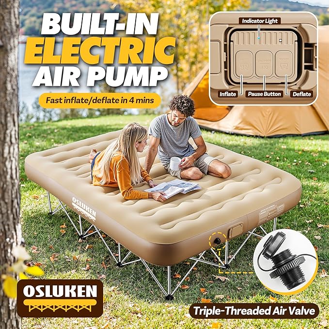 Queen Air Mattress with SUS Frame & Built in Pump, 25" Raised Self Inflating Blow Up Airbed, 500 LBS Capacity Portable Inflatable Bed on Stand for Guest, Travel, Vacation, Camping, 80" x 60"