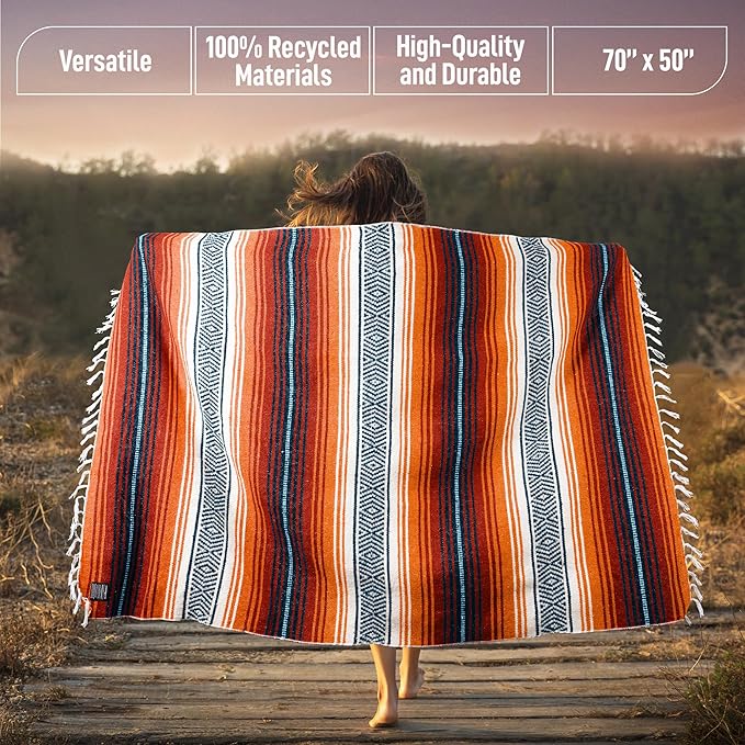 Hydration Nation Authentic Large Handwoven Mexican Blanket - Soft Yoga- Durable Serape- Lightweight Falsa, Beach, Camping, Picnic, Outdoor Blanket 70"x50" - Orange Gold
