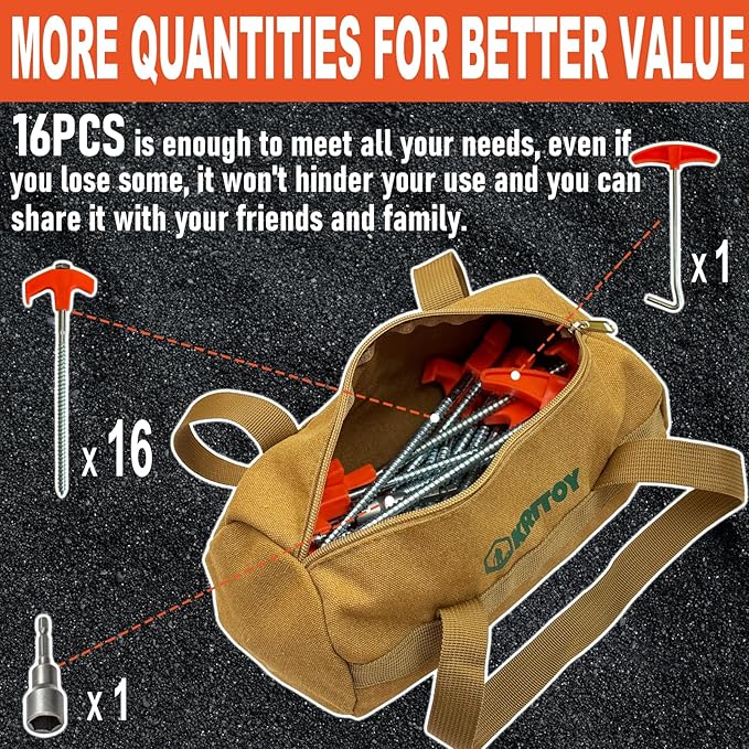 16 Pack Tent Stakes Heavy Duty - 8" Screw in Tent Stakes - Ground Anchors Screw in - Tent Pegs Camping Stakes - Metal Threaded Tent Spikes with 1 Hex Head Driver, 1Stopper T Pull Hook and Storage Bag