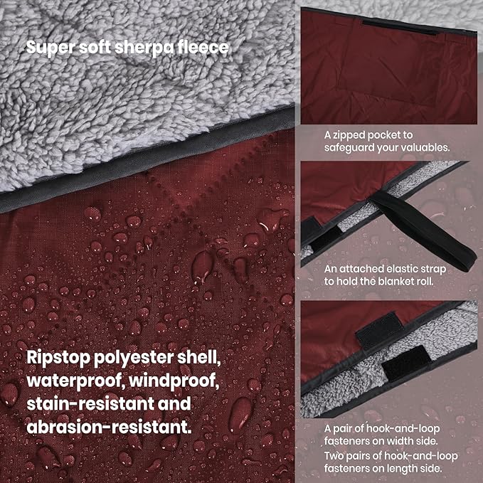 Outdoor/Indoor Sherpa Blanket, Oversized Waterproof Stadium Blanket for Cold Weather. Warm, Soft, Portable, Great for Stadium, Sports Events, Camping, Indoor - 82x56in., Antique Ruby