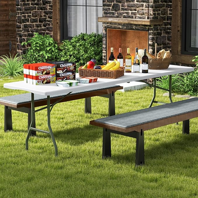 Goplus 8ft Plastic Folding Table, 350 LBS Outdoor Heavy Duty Folding Tables with HDPE Tabletop, Handle, Lock, Foldable Rectangle Portable Utility Card Table for Picnic, Party, Camping, Dining
