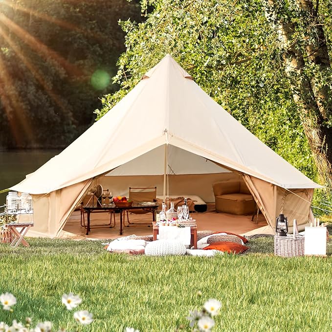 Bell Tent for Family Camping, 9.8/13.1/16.4 FT Yurt Tent with Stove Jack, 4 Season Oxford Tents for Outdoor Party, Hot Tent Shelter Fits 3-4 People