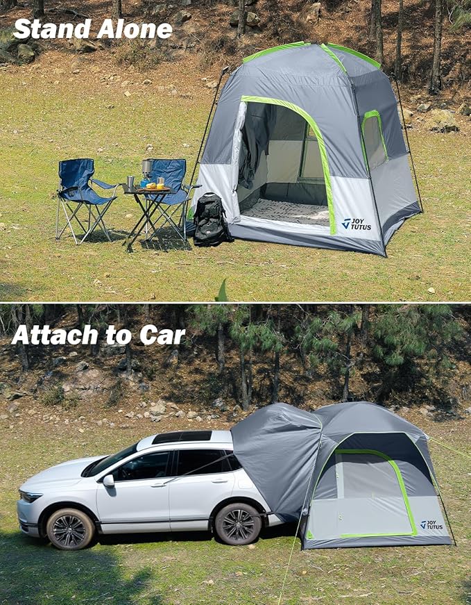 JOYTUTUS Dual-Use SUV Tent, SUV Tents for Camping with Rainfly, Strong Four Steel Frame Poles, 4-6 Person Car Tent with Ventilated Double Door Design, Movie Screen, Fit for SUV CUV Van