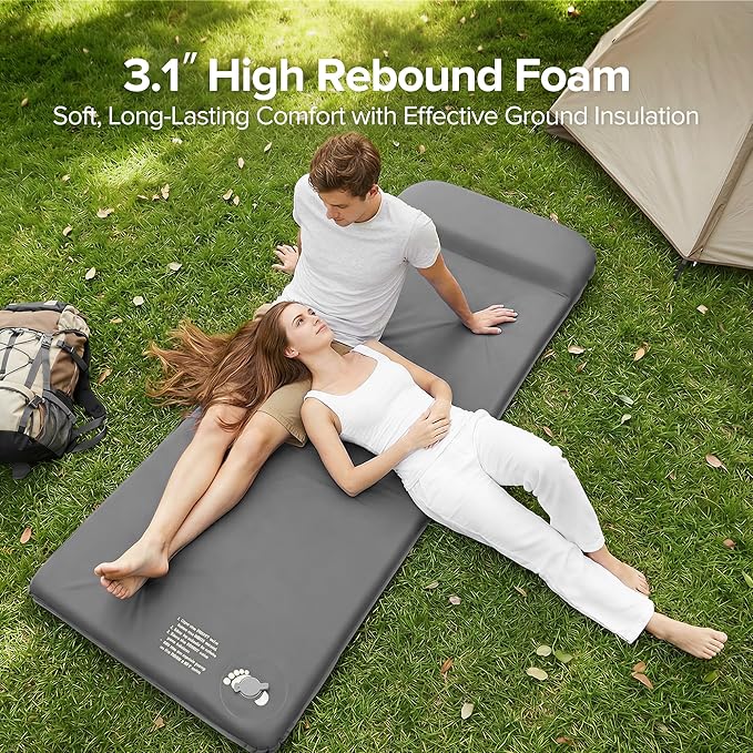 Self-Inflating Sleeping Pad for Camping, 3.1" Ultra-Thick Outdoor Camping Mat with Pillow & 9.5 R-Value, Insulated All-Season Foam Camping Mattress for Camping Travel Tent Car