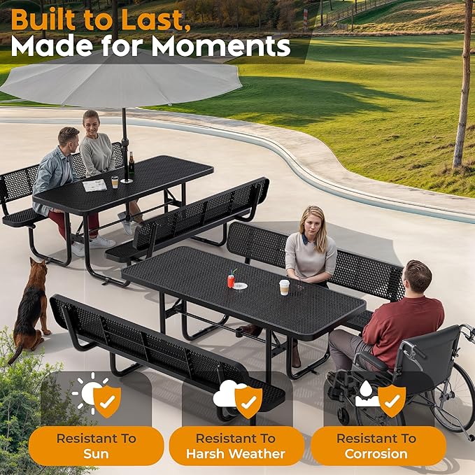 Metal Picnic Furniture for Outdoors with Umbrella Hole - Coated Steel Heavy Duty Commercial Grade Table with Adjustable Seats, Patio Set for a Lifetime (Black, 6' Rectangular with Back)