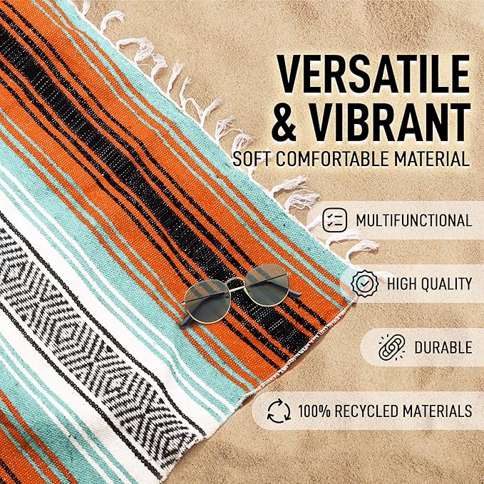 Hydration Nation Authentic Extra Large Mexican Blanket (70"x50") - Handwoven Yoga, Serape- Artisanal Falsa, Beach, Camping, Picnic, Outdoor (Mint-Orange)