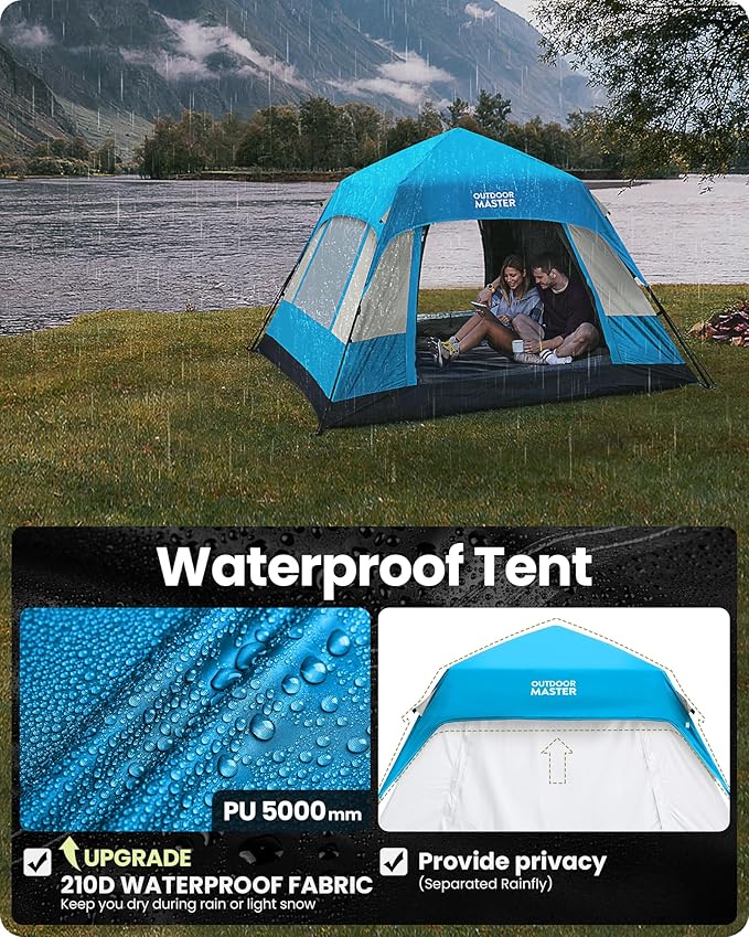 OutdoorMaster Updated Camping Tents, 4/6 Person Camping Tent with Blackout Shelter Technology, Easy Setup in 60 Seconds, Weatherproof Pop Up Tent with Top Rainfly, Instant Cabin Tent