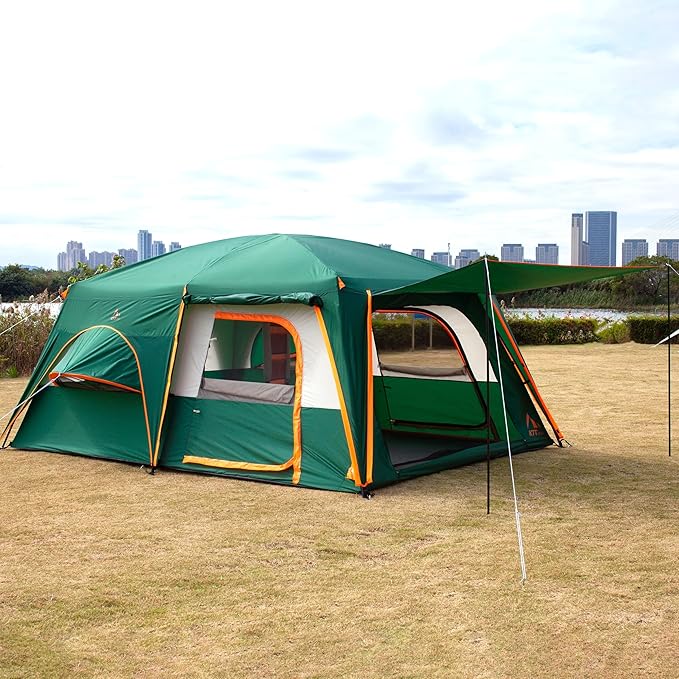 KTT Extra Large Tent 6-10-12-14 Person(B),Family Cabin Tents,2 Rooms,3 Doors and 3 Windows with Mesh,Straight Wall,Waterproof,Double Layer,Big Tent for Outdoor,Picnic,Camping,Family Gathering