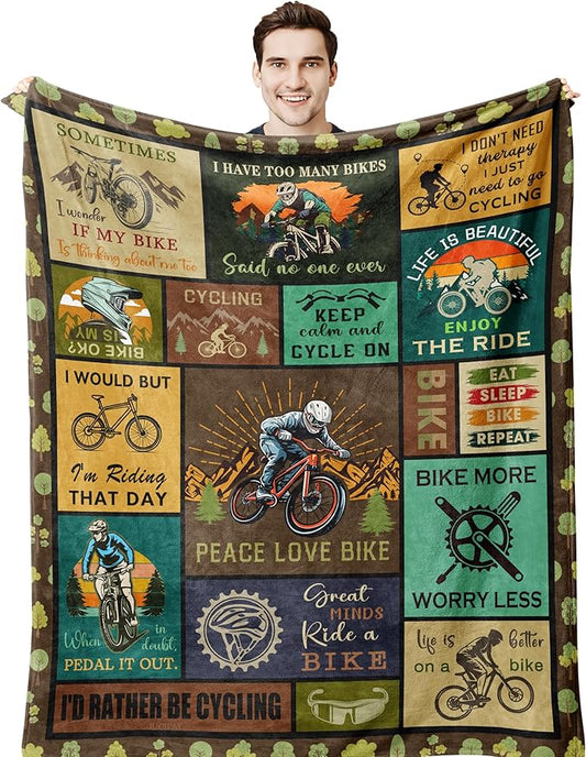 Bicycle Enthusiast Gift, Mountain Biking Blanket Throw 60"x50" for Men/Riders/Cyclists, Bike Themed Decorations