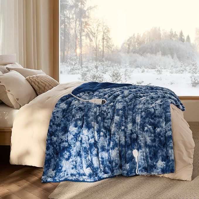 Bedsure Faux Fur Heated Blanket Full Size, Fast Heating Electric Blanket Full Size with 6 Heating Levels & 10 Time Settings, Cozy Gifts for Women Men (72x84 inches, Denim Blue)