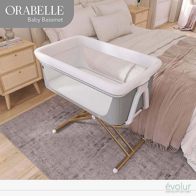 Evolur Orabelle Baby Bassinet & Bedside Sleeper, Breathable Mesh Sides, Plush Mattress Pad with Removable Cover, Tool-Free Assembly, Quick Foldable Steel Frame Compact Design with Travel Bag – Grey