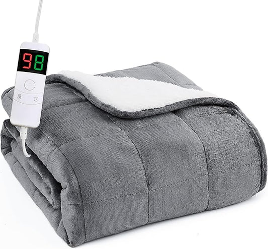 L'AGRATY Heated Weighted Blanket for Adults - 62"x84" 20lbs Electric Throw Fast Heating Heavy Blanket 1/2/4/6/8 Hour Auto Off 10 Heat Levels Over-Heat Protection Soft Flannel Sherpa