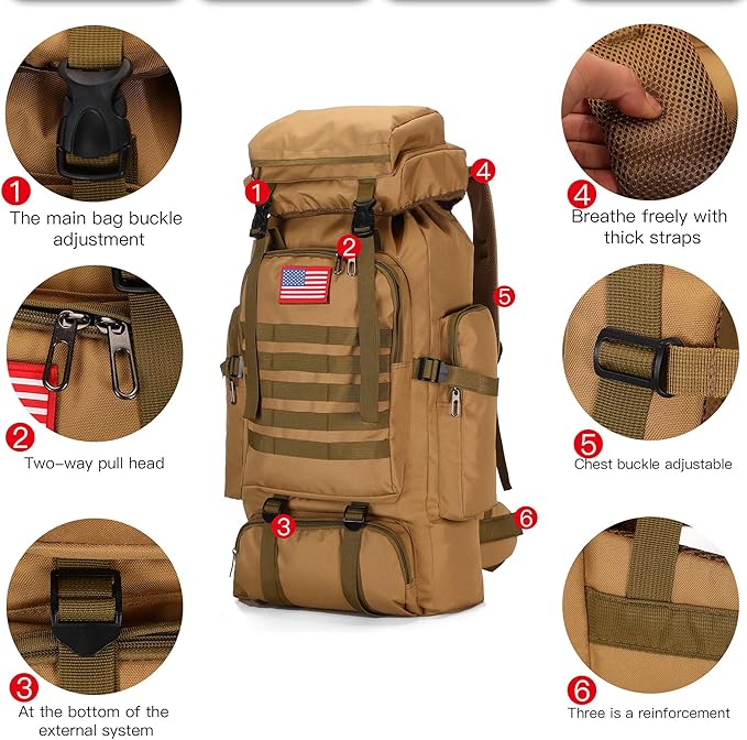 King'sGuard 70L Camping Hiking Backpack for Men Women Large Military Tactical Backpack Molle Rucksack Backpack for Outdoor