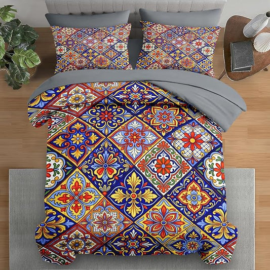 Comforter Set Full Size, Mexican Talavera Ceramic 7 Pcs Bedding for Kids and Adults, Italian Spanish Bed Sheet Sets with Fitted Sheet 2 Pillowcases & 2 Shams for Bedroom Bed Decor