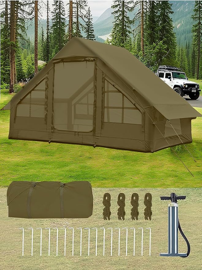 Inflatable Tents with Hand Pump Hot Tent with Stove Jack Easy Blow Up Glamping Tent with Mesh Windows, 4-6 Person Instant Family Camping Tents Waterproof for 4 Seasons