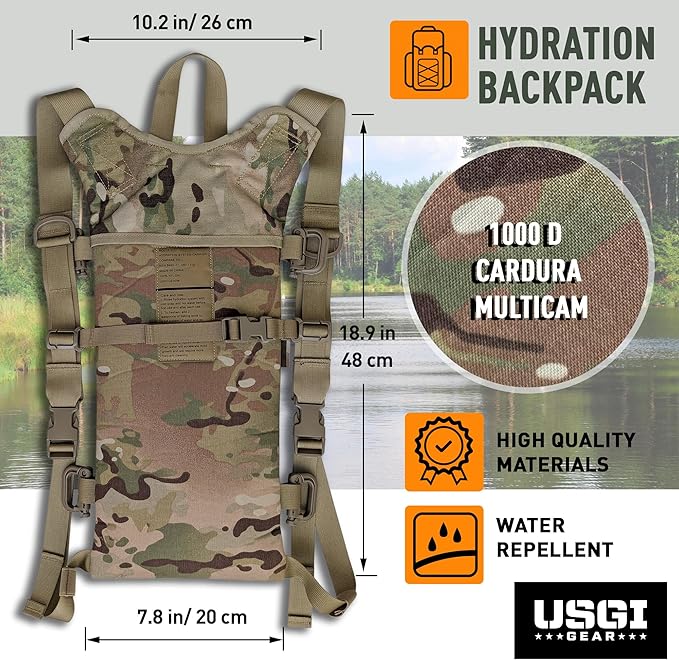 Multicam MOLLE Hydration Carrier – Holds 3-Liter Water Bladder – Tactical Military Backpack for Hiking, Biking, Camping, and Outdoor Use