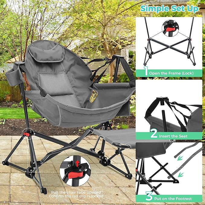 Ainfox Hammock Camping Chair with Footrest, Foldable Portable Rocking Chairs for Adults Outside Swinging Camp with Cup Holder Pillow for Outdoor Patio Poolside (Grey)