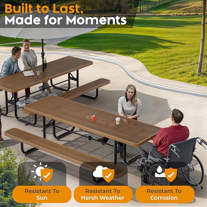 Metal Picnic Furniture for Outdoors with Umbrella Hole - Coated Steel Heavy Duty Commercial Grade Table with Adjustable Seats, Patio Set for a Lifetime (Brown, 8' Rectangular)
