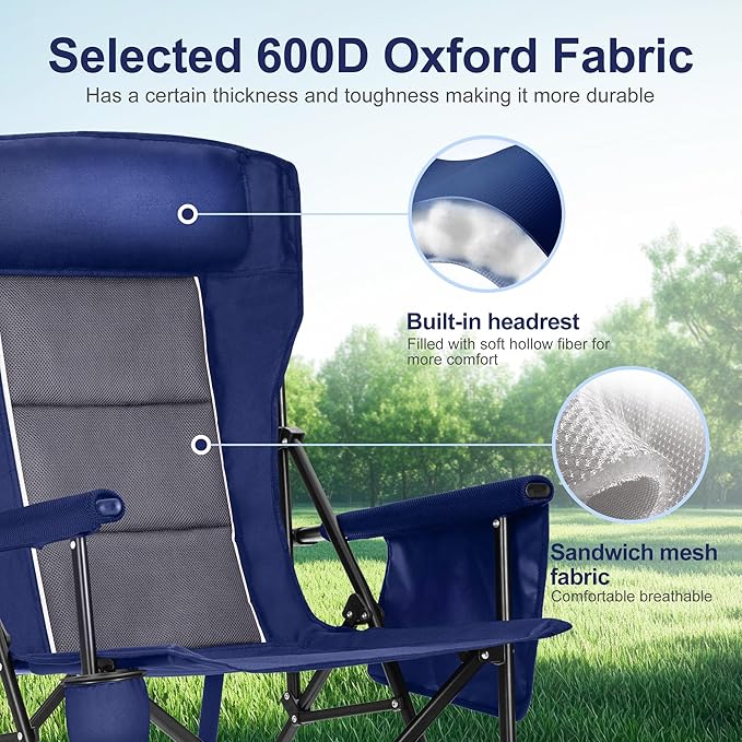 LET'S CAMP Oversized Camping Chairs 29.52" High Back Heavy Duty Lawn Chair Support 500LBS, Portable Collapsible Chair with Cup Holder, Side Pocket,2 Pack(Blue)