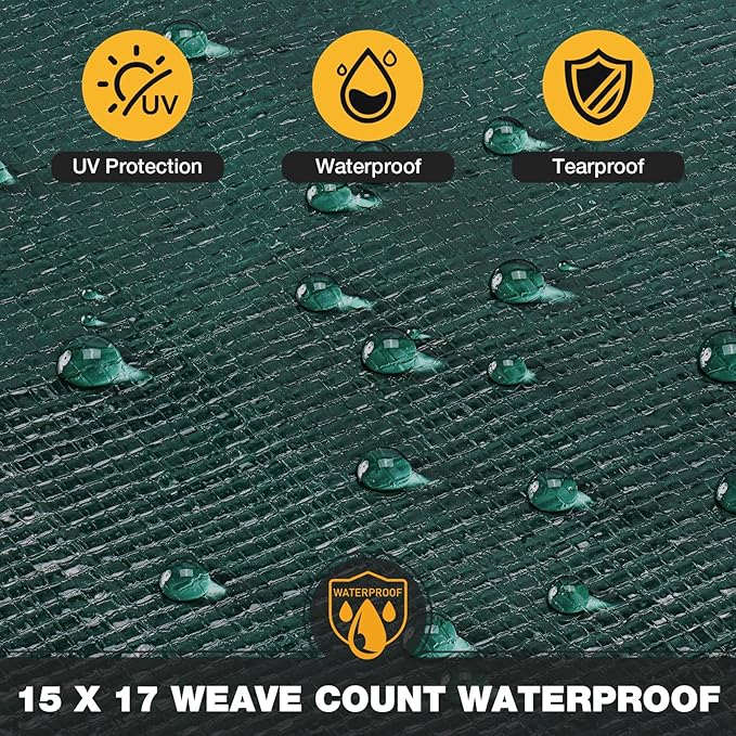 Tarp 12x20 Feet 16 Mil Heavy Duty Waterproof Tarp, Large Multipurpose Cover with Brass Grommets and Reinforced Edges, UV Resistant Thick Poly Tarps for Outdoor Camping Tent Pool Car, Green