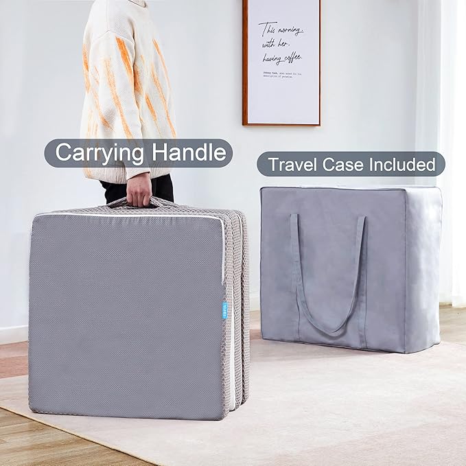 Kingfun Foldable Mattress 4 Inch Folding Mattress Tri-fold Gel Memory Foam Breathable with Storage Bag, Portable Floor Guest Bed Soft for Sleeping Camping, Gray, Cot Size