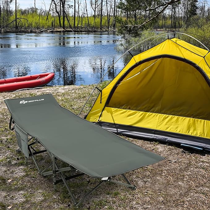 Goplus Folding Camping Cot, 27.5" Sleeping Cot for Adults with Carry Bag, 600LBS Weight Capacity, Slanted Head, Side Pocket, Heavy Duty Portable Camping Bed for Kids, Beach, Office Snap (Gray)
