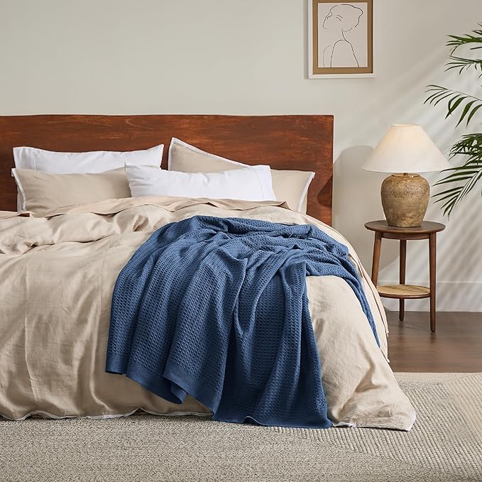 Bedsure Gentlesoft 100% Cotton Large Throw Blanket for Couch 50x70 inches - Breathable and Soft, Waffle Weave Throw Blanket for Office, Navy