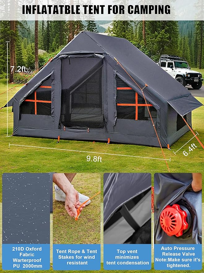 Inflatable Tents with Hand Pump Hot Tent with Stove Jack Easy Blow Up Glamping Tent with Mesh Windows, 4-6 Person Instant Family Camping Tents Waterproof for 4 Seasons