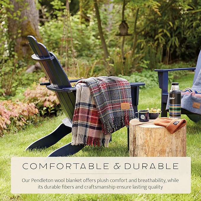 Pendleton Wool Blanket - Camping Blanket with Leather Strap Carrier - Plaid, Soft, Virgin Wool, Backpacking Blanket for Warmth and Comfort, Outdoor Adventures, Travel, Picnics, and Cozy Home Comfort