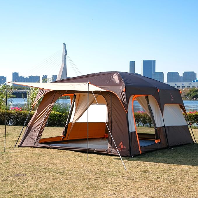 KTT Extra Large Tent 6-10-12-14 Person(B),Family Cabin Tents,2 Rooms,3 Doors and 3 Windows with Mesh,Straight Wall,Waterproof,Double Layer,Big Tent for Outdoor,Picnic,Camping,Family Gathering