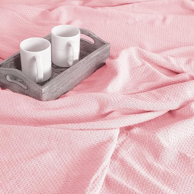 BOUTIQUO 100% Cotton Bed Blanket, Breathable Thermal Blanket Twin Size, Soft Honeycomb Waffle Blanket 60"x90", Cotton Bed Blanket, Perfect for Layering Any Bed for All Season, Pink