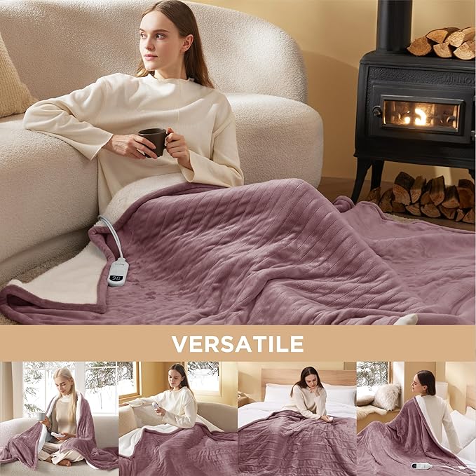 Bedsure Heated Blanket Throw Blanket - Fast Heating Electric Blanket, Soft Flannel Heated Throw with 4 Time Settings, 6 Heating Settings, Warm Gifts for Grandma (50x60 inches, Woodrose)