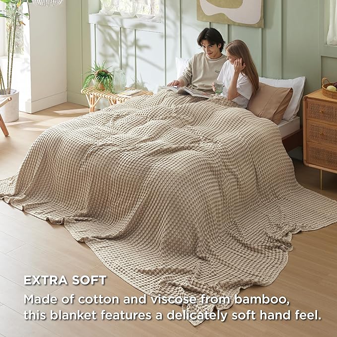 Bedsure Cooling Cotton Waffle Oversized King Blanket - Lightweight Breathable Blankets Rayon Derived from Bamboo for Hot Sleepers, Luxury Throws for Bed and Sofa, Taupe, 120x96 Inches
