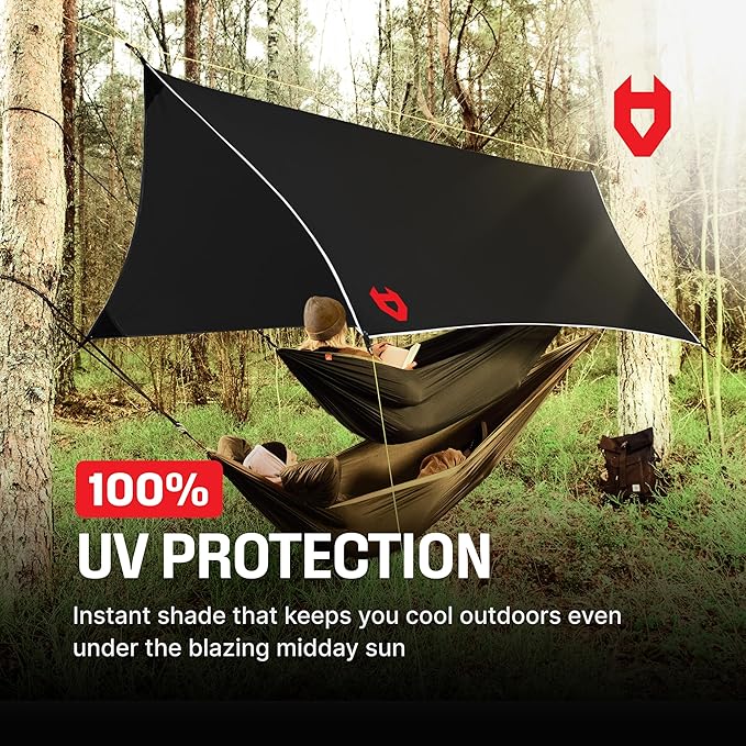 Rain Fly 12x10 Lightweight Survival Camping Tarp; 100% Waterproof; Makes a Great Backpacking Tarp or Hammock Shelter; Comes in Multiple Colors, Survival Bracelet Included; Black