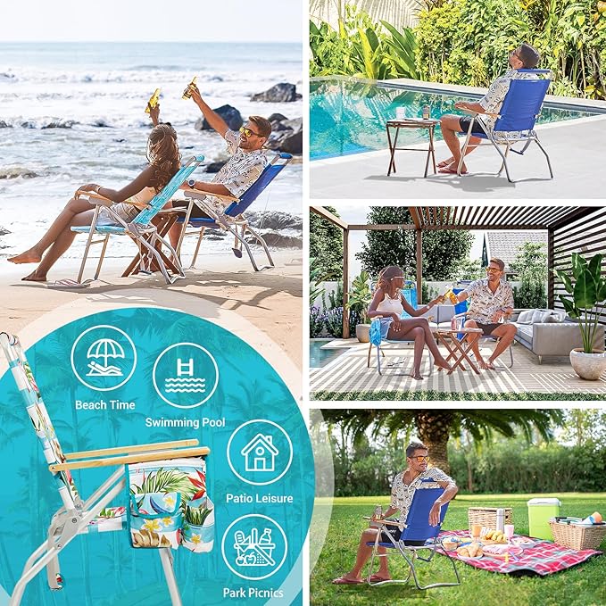 #WEJOY Folding Beach Chair for Adults, 4-Position Aluminum Lightweight Beach Chair, Low Sands Chairs with Shoulder Strap, Cup Holder and Padded Headrest, Supports 265lbs for Lawn