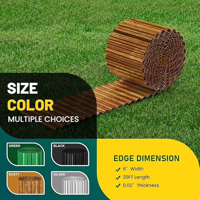 Corrugated Metal Garden Edging, 6"×20Ft Durable Landscape Border for Garden, Lawn, Flower Beds and Paver Edging (Rusty)
